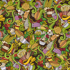 Cartoon hand-drawn doodles on the subject of fast food seamless pattern