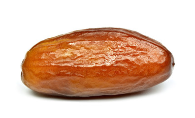 Single dried date fruit on white background