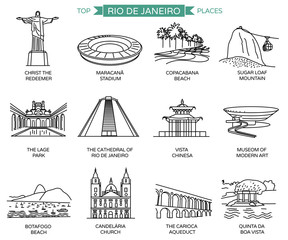 Rio de Janeiro landmarks and top places to visit. Line icons vector set of 12 most popular sights.