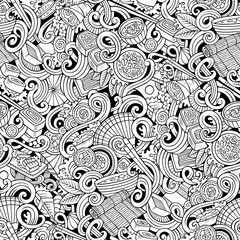 Cartoon hand-drawn doodles of japanese cuisine seamless pattern