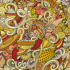 Fototapeta premium Cartoon mexican food doodles seamless pattern