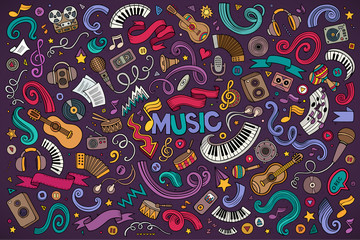 Obraz premium Colorful vector hand drawn doodles cartoon set of Music objects 