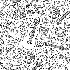 Cartoon hand-drawn musical instruments seamless pattern