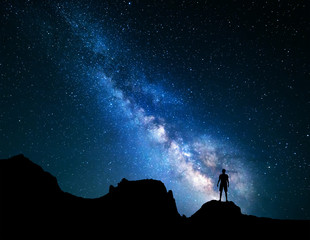 Night landscape with Milky Way and silhouette of a man