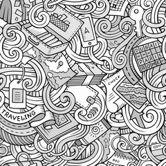 Cartoon doodles travel planning seamless pattern
