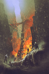 Obraz premium scene of derailed train coaches at rock valley,illustration,digital painting