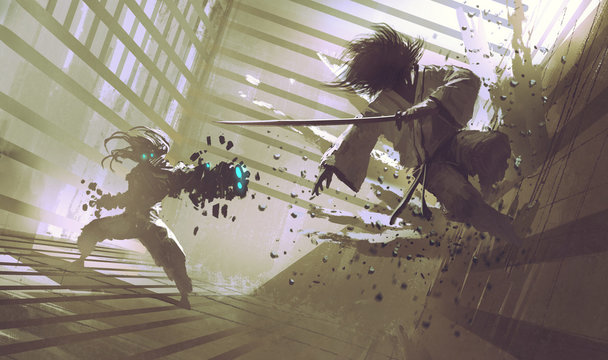 fight between samurai and robot in dojo; sci-fi action scene, illustration,digital painting