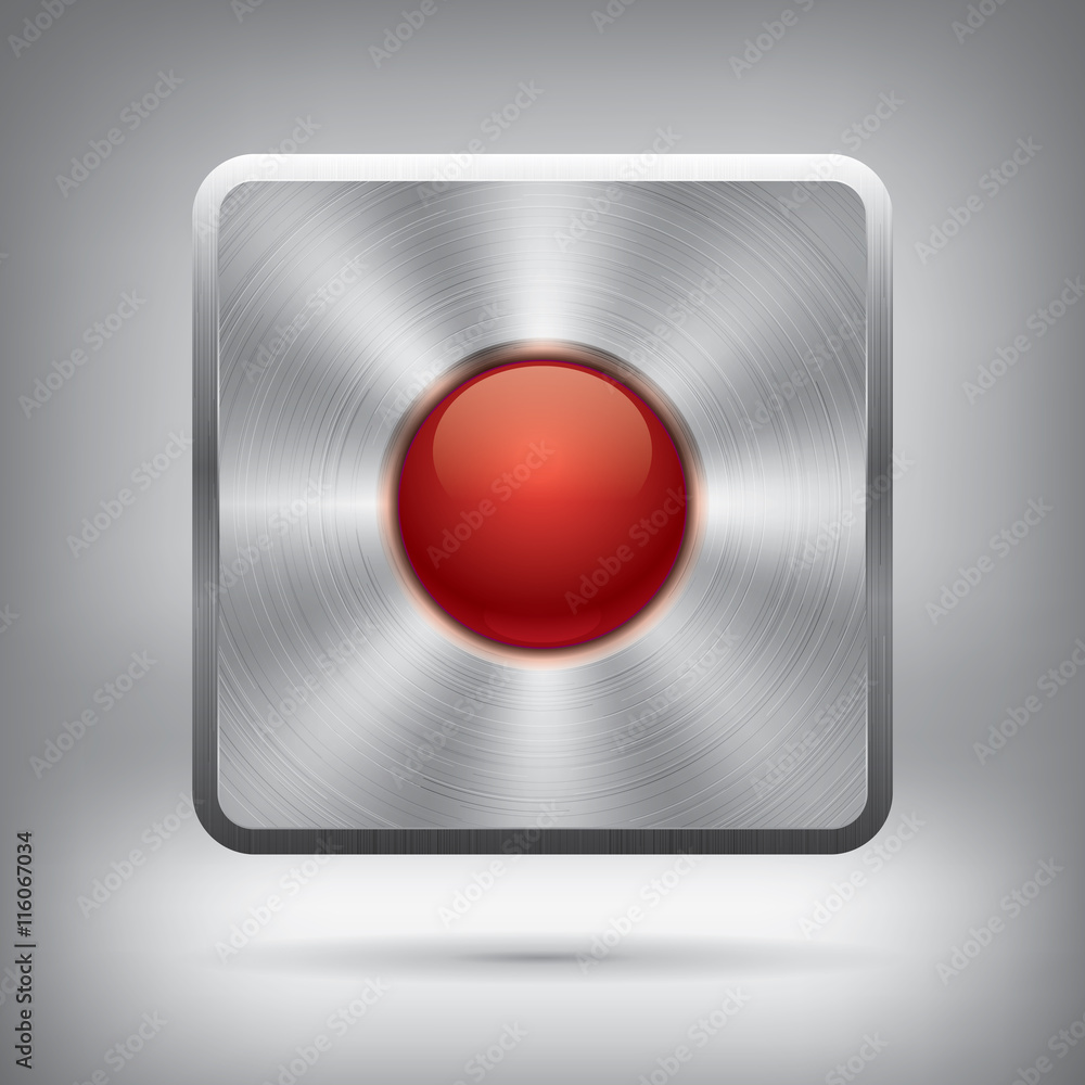 Poster metal button and glossy red ball, vector metallic texture, square element for you project design