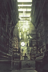 inside of grocer shop with old man wait for clients,illustration,digital painting