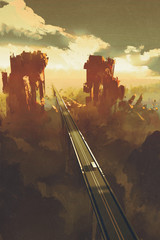 Fototapeta premium straight road through rock canyons,illustration,digital painting