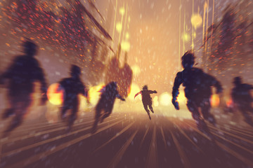 Obraz premium man runing away from zombies,burning city in background,illustration,digital painting