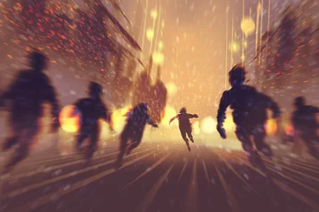 Photo sur Plexiglas Grand échec L& 39 homme fuyant les zombies,ville en feu en arrière-plan,illustration,peinture numérique