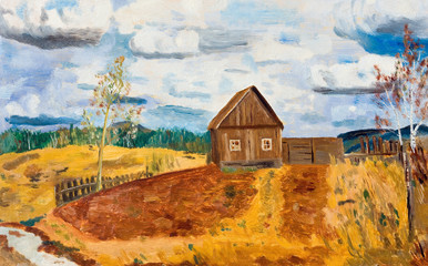 Spring landscape with a lonely house in the field. Oil painting - 116067643