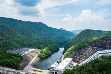 Fototapeta na wymiar Power plant in dam srinakarin on mountain at national park,kanchanaburi,thailand