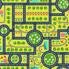Map of a top view from the city. Road and trees seamless pattern