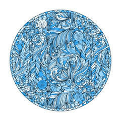 Blue round coloring page design with doodle pattern for adults. Colored illustration