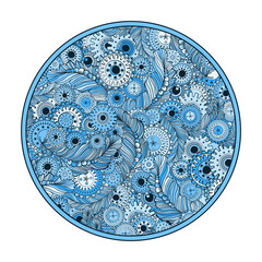 Blue round coloring page design with doodle pattern for adults. Colored illustration. Steampunk technology style