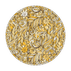 Yellow, brown and beige round coloring page design with doodle pattern for adults