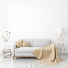 Interior poster mock-up with fabric sofa, plaid and pillows on white wall background. 3D rendering.