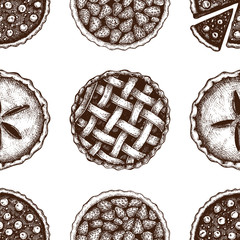 Vector background with ink hand drawn fruit and berry baking illustration. Vintage seamless pattern with traditional cake, tart and pie sketch. Sweet bakery. Top view.