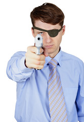 Terrible man aiming gun on white background