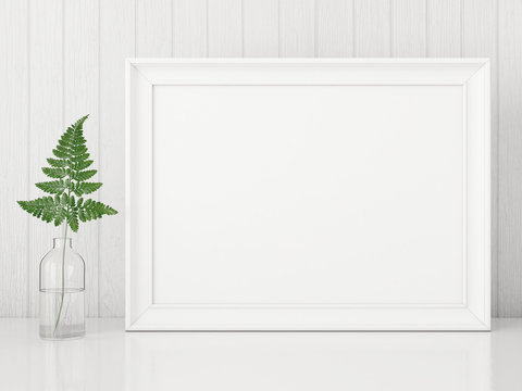 Horizontal interior poster mock up with empty frame and fern leaf in glass bottle on white wall background. 3D rendering.