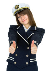 Woman in uniform sea captain, isolated on white background