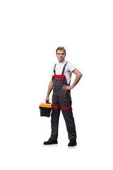 Young man with toolkit toolbox isolated on white