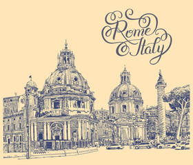 Obraz premium original digital drawing of Rome Italy cityscape with lettering 