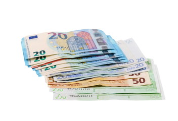 bunch of euro banknotes, isolated on white