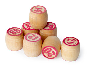 Wooden kegs for bingo on white background