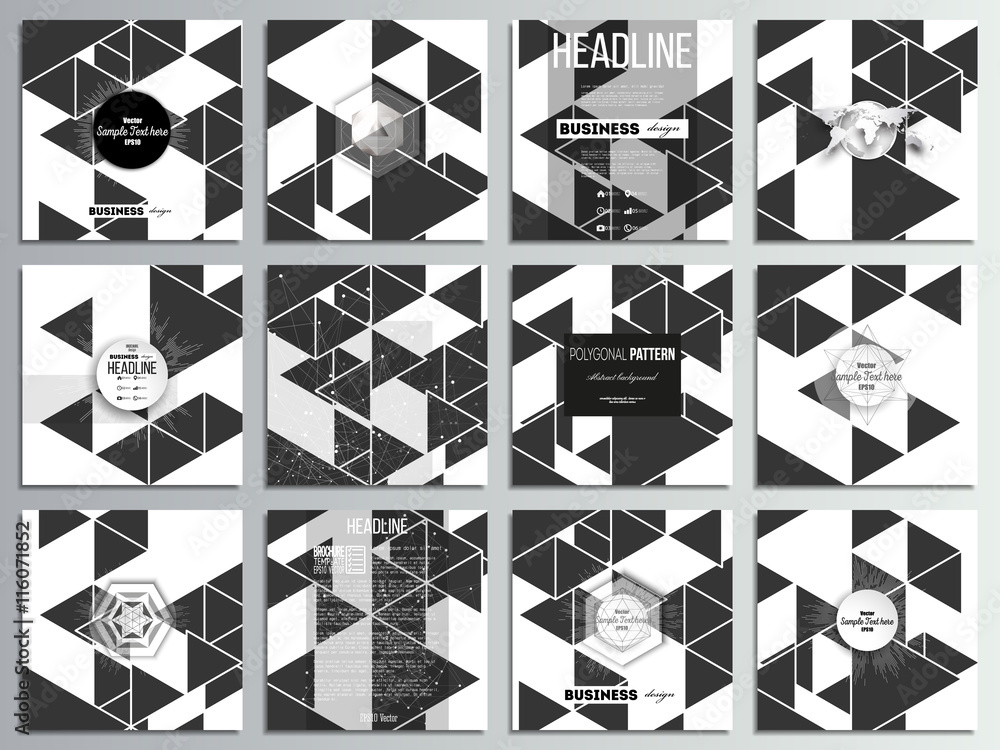 Poster set of 12 creative cards, square brochure template design. triangular vector pattern. abstract black