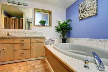 Fototapeta na wymiar Simple yet elegant bathroom interior with tile trim bath tub