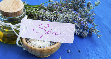 Lavender spa still life with label, lavender flowers and oil bot