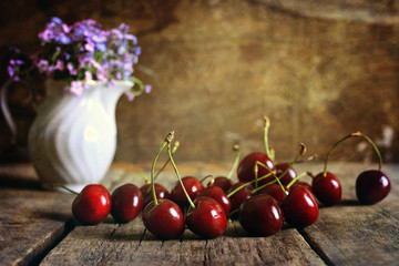 cherry berry on wooden background retro