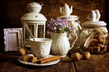 retro tea set on wooden background