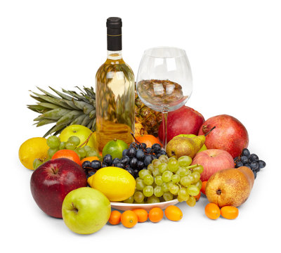 Still Life - heap of fruits and bottle of white wine