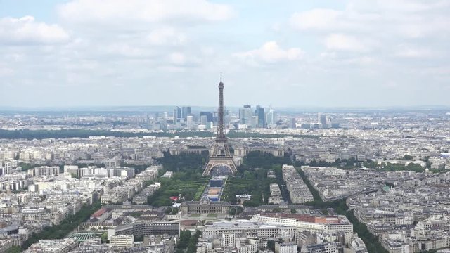 Aerial Paris Zoom In Eiffel Tower, 60fps. The Montparnasse Tower Panoramic Observation Deck has the most beautiful view of Paris