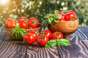 cherry tomatoes ,  basil, pepper and pepper-mill