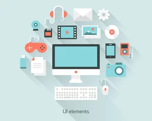 Foto op Plexiglas Content concept monitor with keyboard, documents and devices in flat design style.  Infographics and multimedia icons. Vector illustration. © sidorenko5ja