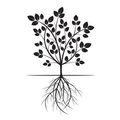 Black Tree and Roots. Vector Illustration.