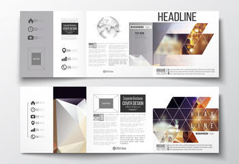 Set of tri-fold brochures, square design templates. Colorful polygonal background, blurred image, night city landscape, festive cityscape, triangular vector texture.