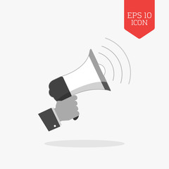 Hand holding megaphone icon, promotion concept. Flat design gray