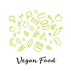set of the vegan food icons. Vegetables and fruits. Thin line icons. Hand drawn typography.