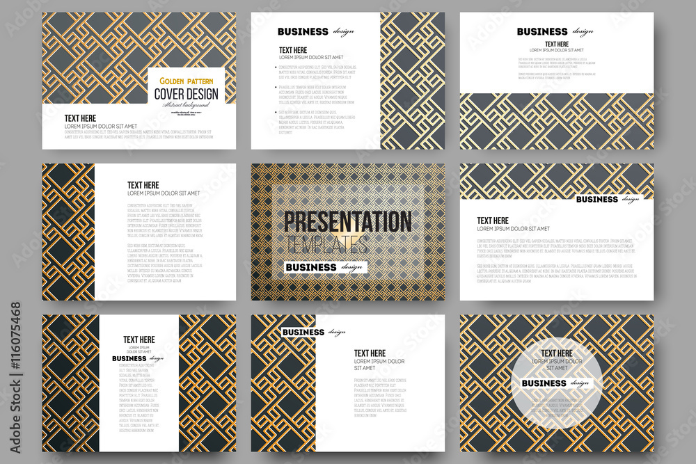 Poster set of 9 templates for presentation slides. islamic gold pattern with overlapping geometric square s