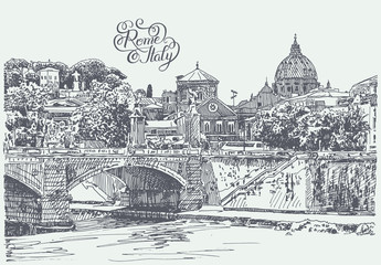 drawing of Rome Italy famous cityscape with hand lettering inscr