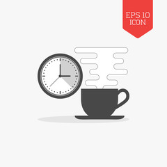 Fototapeta na wymiar Coffee cup and clock icon. Break time concept. Flat design gray