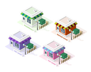 Isometric High Quality City Element with 45 Degrees Shadows on White Background. Pharmac , Pet Shop, Toy Shop and Repair Shop.