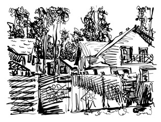 black and white digital graphic of village composition with hous