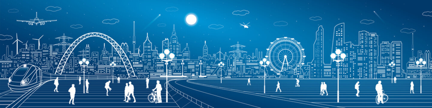 Amazing infrastructure and transport panorama. Train move, railway station, town square, people walk, night city skyline, arch bridge, airplane fly, vector design art